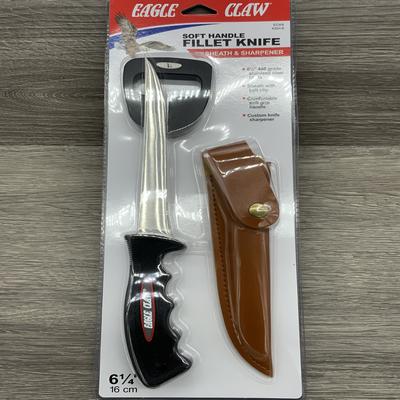 EAGLE CLAW SOFT HANDLE FILLET KNIFE, 6-1/4" STAINLESS STEEL BLADE, SHEATH. SHARPENER, 4/CTN