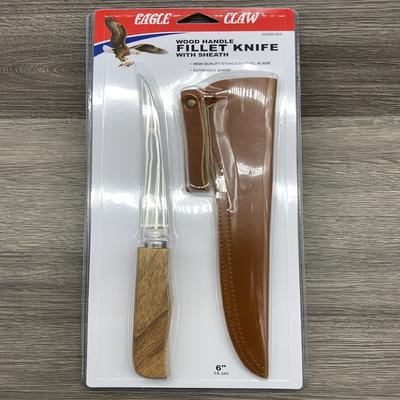 03050-002 EAGLE CLAW WOOD HANDLE FILLET KNIFE WITH STAINLESS STEEL 6 BLADE WITH SHEATH 12 PER CASE WHFK6