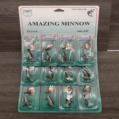 FJN AMAZING MINNOW SPINNERS W/VINYL MINNOW AND SILVER BLADE BLACK MINNOW 12/CARD
