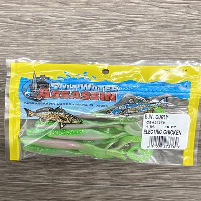 BASS ASSASSIN 4"SEA SHAD CURLY TAIL ELECTRIC CHICKEN 10/BAG